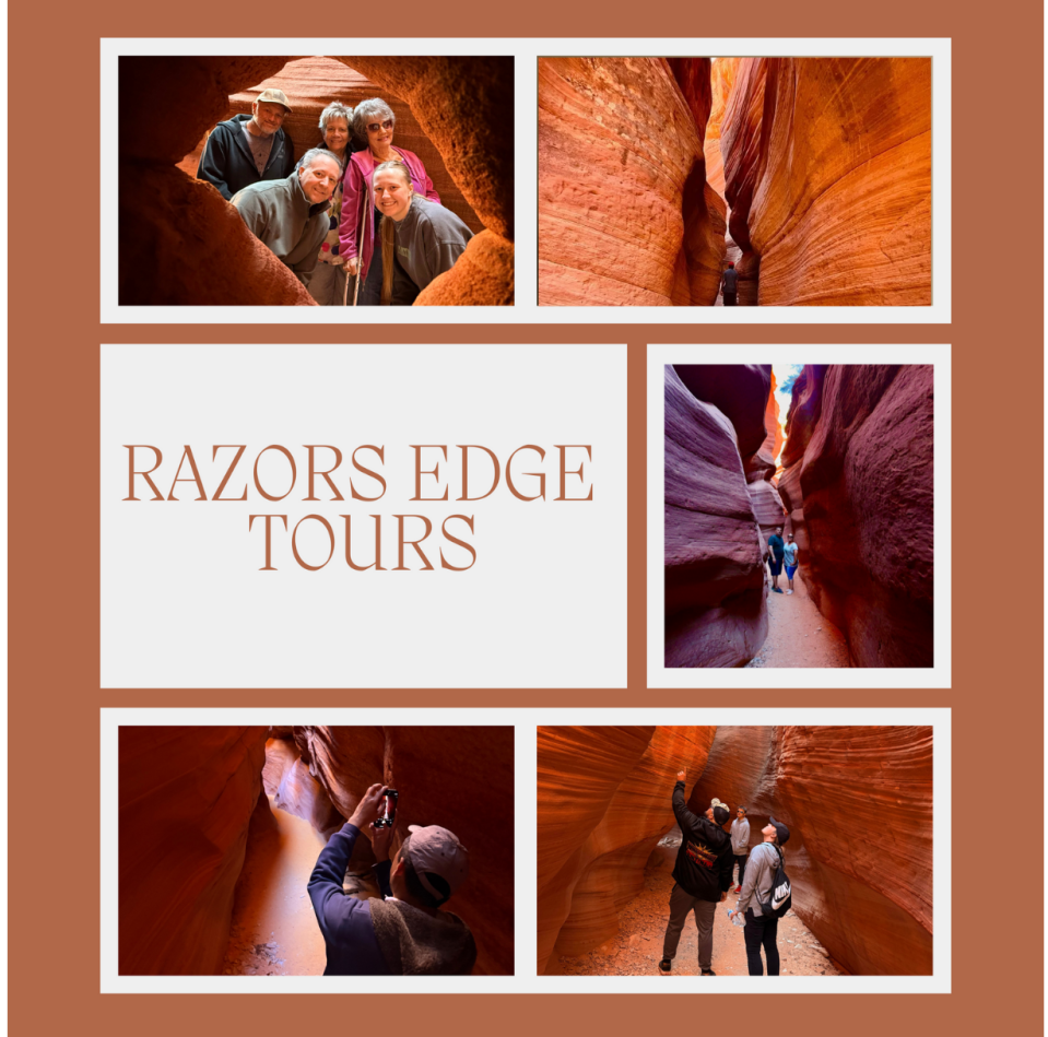 Collage of people exploring narrow, red rock canyons, with 'Razors Edge Tours' text in the center.